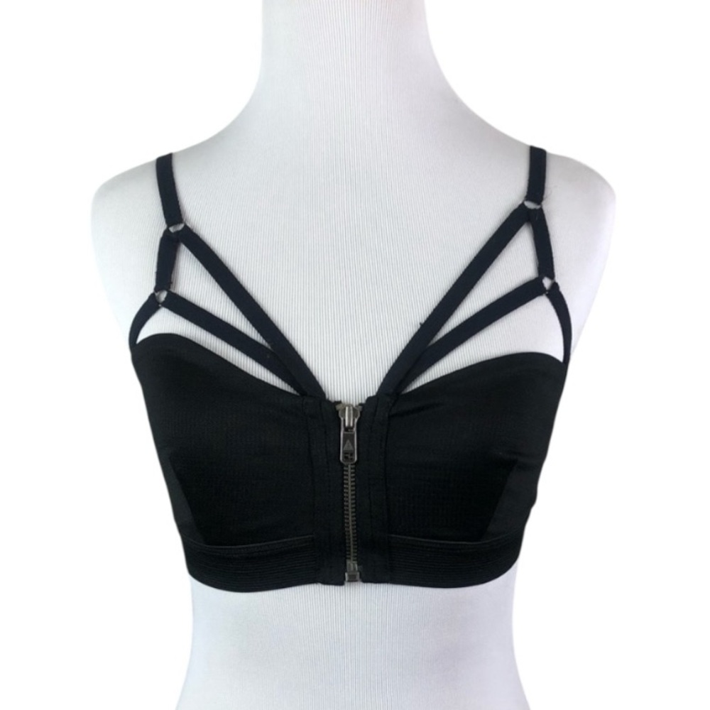 Gypsy Warrior Women‎ Sz Med Black Strappy Black Bralatte Zip Front Whimsigoth